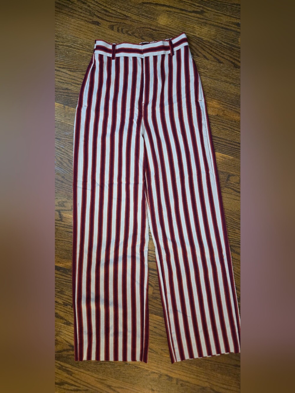 Zara Burgundy and White Vertical-Stripe Wide-Leg Pants